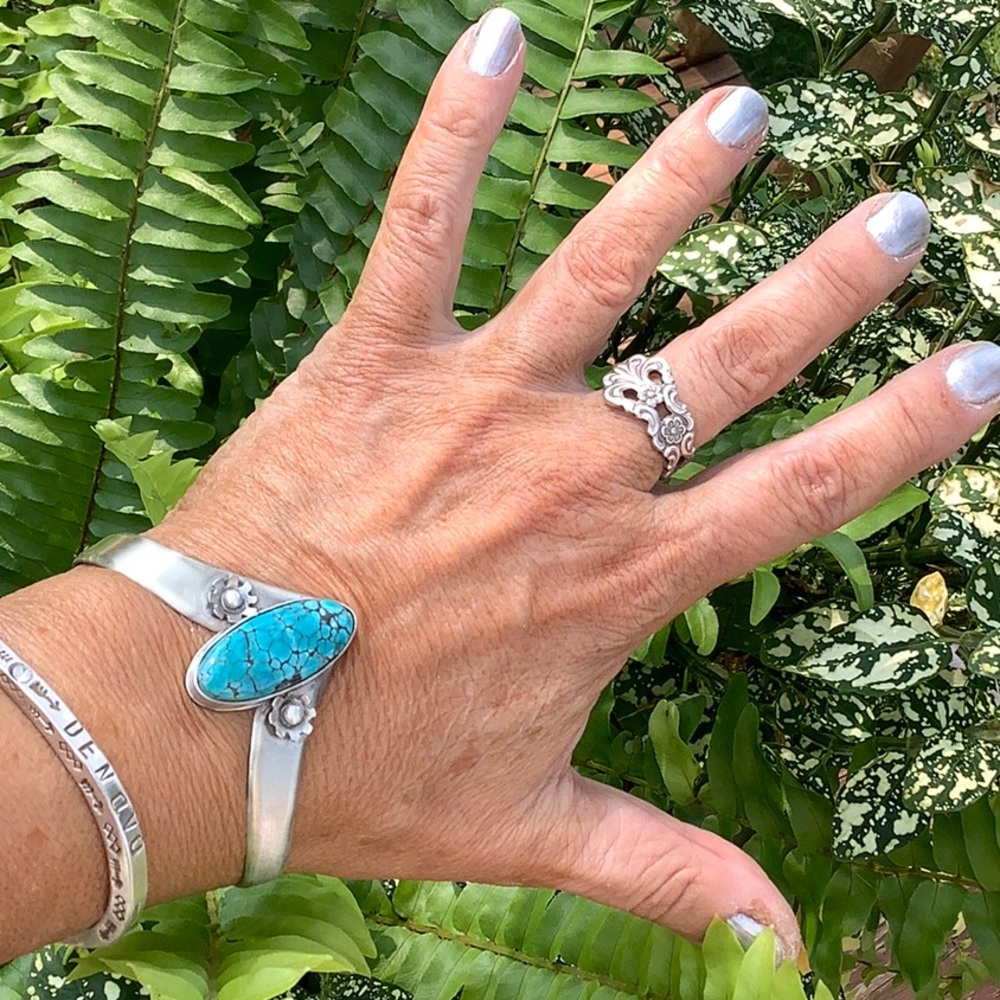Sterling/turquoise cuff, adjusts 6 1/2-7” wrist size